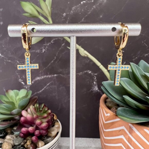 "Claudia" NEW Turquoise Gold Cross Christian Huggie Hoop Fashion Earrings - Picture 1 of 3